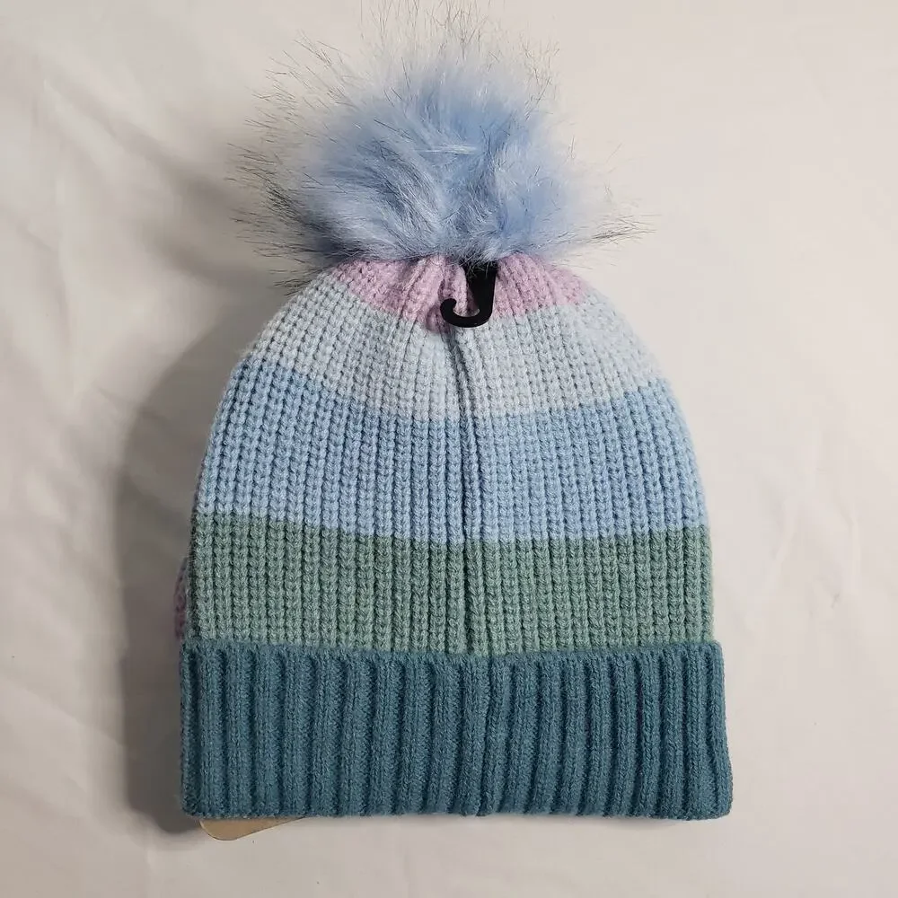 West Loop Kids One‎ Size Winter Pom Puff Hat & Glove Set Green Blue Stripe New